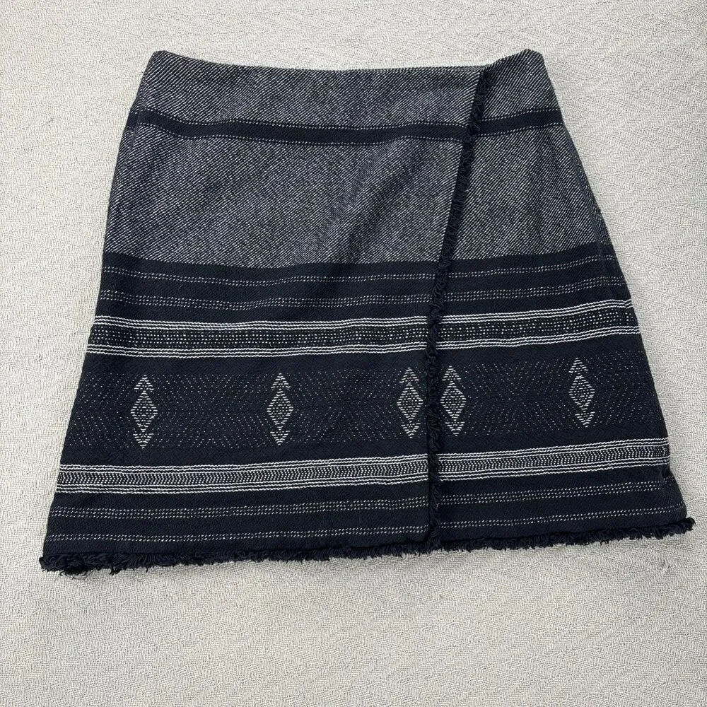 Loft Blanket Jacquard Wrap Skirt Navy Women 6 Aztec Raw Hem Boho Neutral Coastal